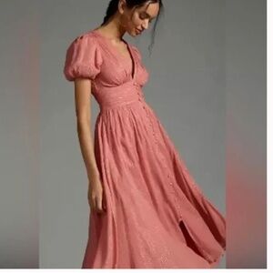 Anthropologie The Katerina Lurex Button-Front Midi Dress Size 8 Puff Sleeve